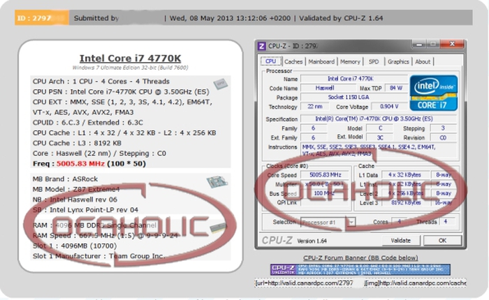 Chip Core i7 4770K ép xung lên 5 GHz chỉ cần 0,904V điện áp
