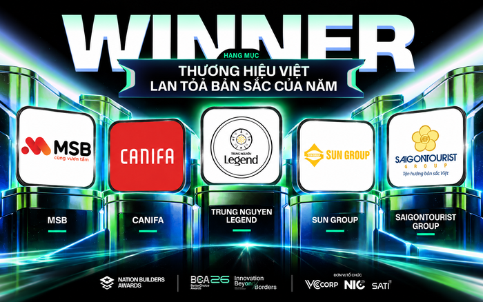 5 thương hiệu chiến thắng trong hạng mục "Thương hiệu Việt lan tỏa bản sắc của năm": Sun Group, Saigontourist Group, Trung Nguyên Legend, Canifa và MSB