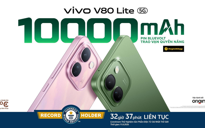 vivo V80 Lite 5G thiết lập KỶ LỤC GUINNESS THẾ GIỚI™ với 32 giờ 37 phút sử dụng liên tục on-screen nhờ trang bị Pin BlueVolt 10.000mAh